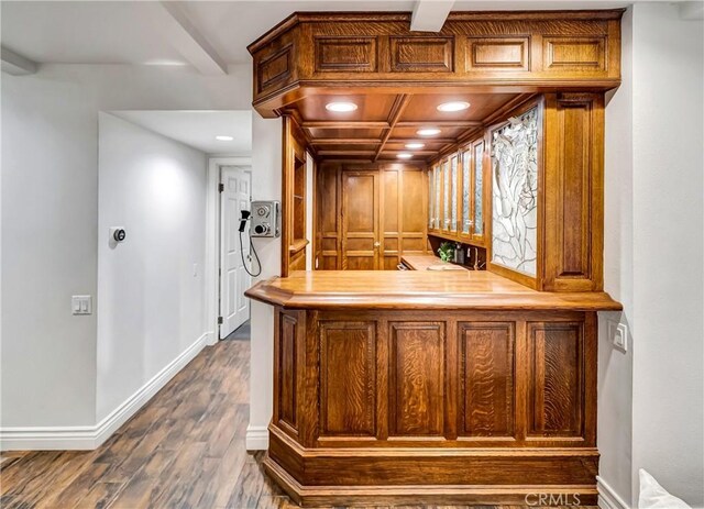 23216 Park Esperanza, Calabasas, CA 91302 - indoor dry bar featuring dark wood-type flooring and beamed ceiling