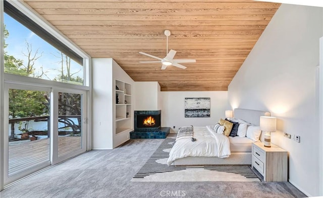 23216 Park Esperanza, Calabasas, CA 91302 - bedroom featuring wooden ceiling, carpet flooring, access to outside, ceiling fan, and a warm lit fireplace