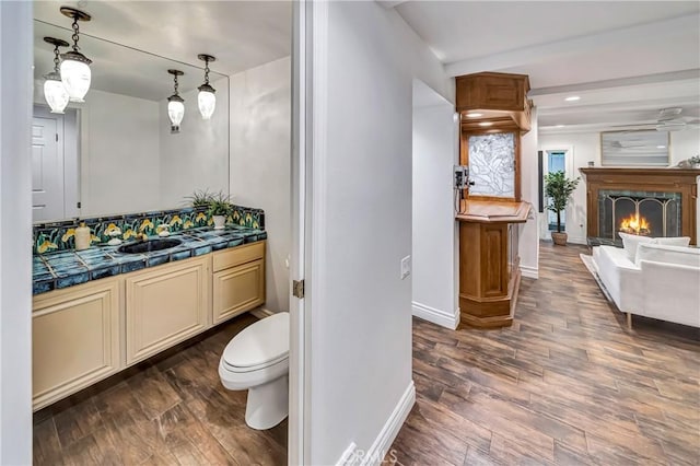 23216 Park Esperanza, Calabasas, CA 91302 - bathroom with vanity, wood finished floors, a soaking tub, and a lit fireplace