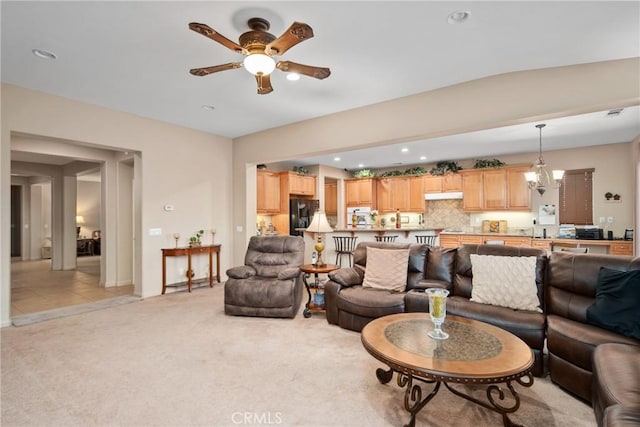 42432 72nd St W, Lancaster, CA 93536 - living room featuring ceiling fan, light carpet, and recessed lighting