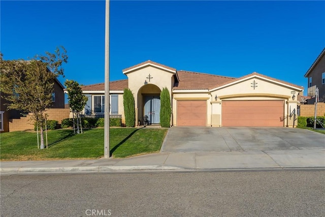 42432 72nd St W, Lancaster, CA 93536 - view of front of home with a garage, stucco siding, a tiled roof, concrete driveway, and a front lawn