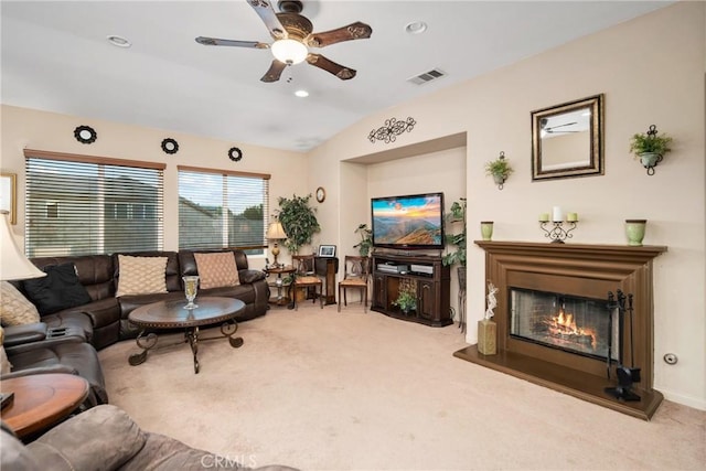 42432 72nd St W, Lancaster, CA 93536 - living room with carpet, a glass covered fireplace, and ceiling fan