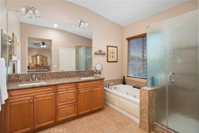 42432 72nd St W, Lancaster, CA 93536 - ensuite bathroom with a jetted tub, a shower stall, tile patterned flooring, double vanity, and a ceiling fan
