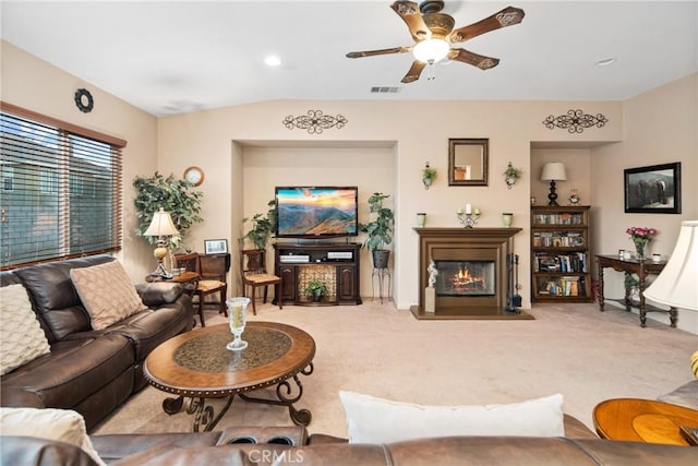 42432 72nd St W, Lancaster, CA 93536 - carpeted living room with ceiling fan, a fireplace with flush hearth, and vaulted ceiling