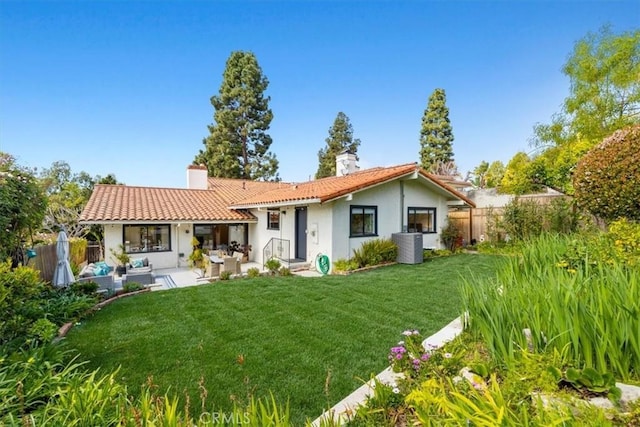 1716 Via Zurita, Palos Verdes Estates, CA 90274 - rear view of house with stucco siding, a chimney, a patio, and a tile roof