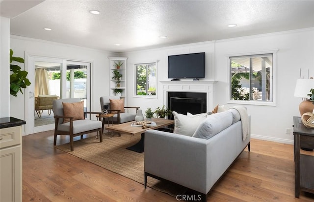 2119 E Denise Ave, Orange, CA 92867 - living area featuring a textured ceiling, plenty of natural light, a glass covered fireplace, wood finished floors, and ornamental molding