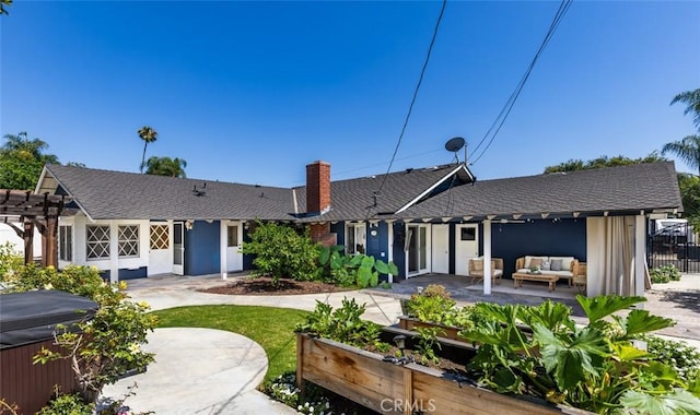 2119 E Denise Ave, Orange, CA 92867 - single story home featuring an outdoor living space, a pergola, a hot tub, a chimney, and a vegetable garden
