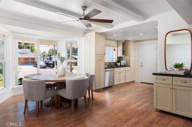 2119 E Denise Ave, Orange, CA 92867 - dining area with healthy amount of natural light, light wood-type flooring, a ceiling fan, beamed ceiling, and recessed lighting