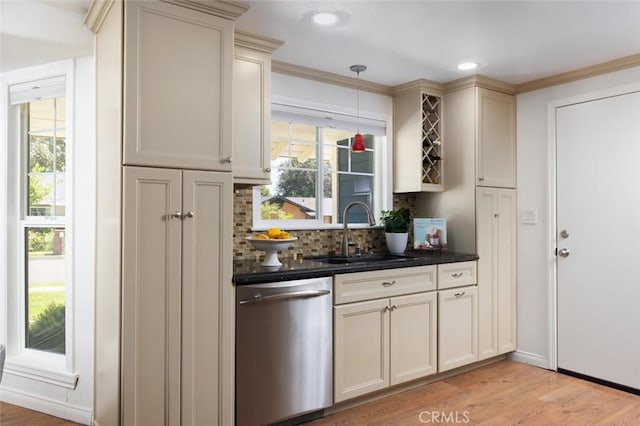 2119 E Denise Ave, Orange, CA 92867 - kitchen featuring dishwasher, backsplash, light wood-type flooring, pendant lighting, and ornamental molding