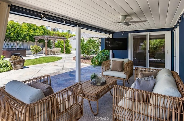 2119 E Denise Ave, Orange, CA 92867 - view of patio / terrace featuring a hot tub, an outdoor living space, ceiling fan, and a pergola