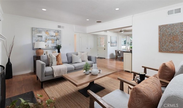 2119 E Denise Ave, Orange, CA 92867 - living area with light wood-type flooring, crown molding, recessed lighting, and a ceiling fan