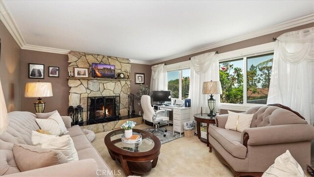 8356 Bella Vista Dr, Rancho Cucamonga, CA 91701 - living room with a fireplace, a desk, ornamental molding, and light colored carpet