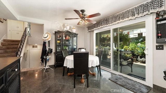8356 Bella Vista Dr, Rancho Cucamonga, CA 91701 - dining area featuring granite floors, stairway, and a ceiling fan