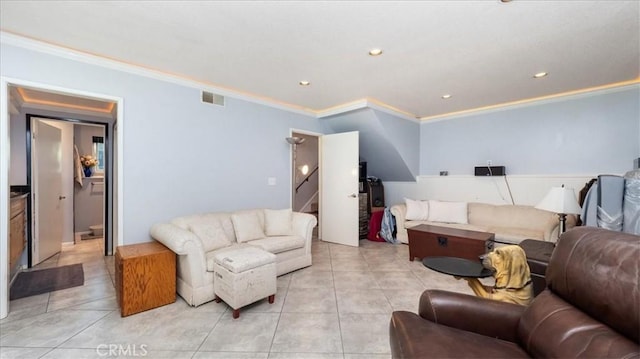 8356 Bella Vista Dr, Rancho Cucamonga, CA 91701 - living room featuring crown molding, light tile patterned floors, stairs, and recessed lighting