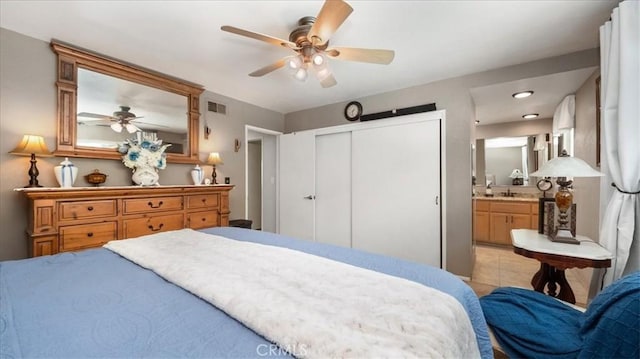 8356 Bella Vista Dr, Rancho Cucamonga, CA 91701 - bedroom with a closet, ensuite bath, and a ceiling fan