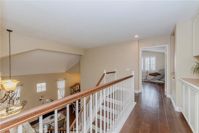 6242 E Inverness Pl, Orange, CA 92869 - hallway with dark wood-style flooring, recessed lighting, vaulted ceiling, and an upstairs landing