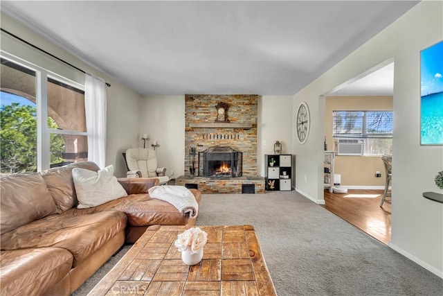 21304 Carriage Dr, Tehachapi, CA 93561 - living room featuring carpet floors, a fireplace, and cooling unit