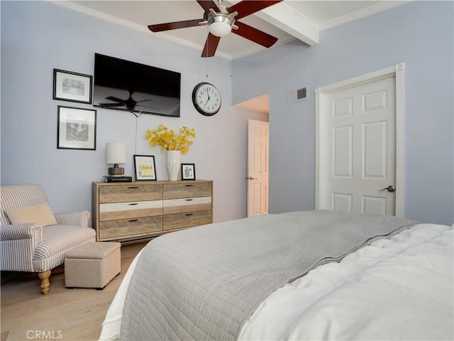 21829 Legend Ave, Carson, CA 90745 - bedroom featuring light wood-style floors, ornamental molding, beam ceiling, and a ceiling fan