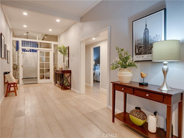 21829 Legend Ave, Carson, CA 90745 - hallway with crown molding, wood finished floors, and recessed lighting
