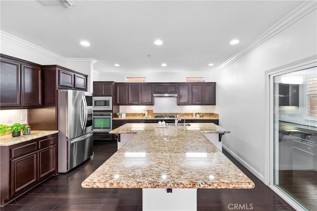 15448 Six M Ranch Ln, Fontana, CA 92336 - kitchen with stainless steel appliances, crown molding, an island with sink, a kitchen bar, and light stone countertops