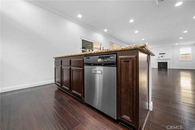 15448 Six M Ranch Ln, Fontana, CA 92336 - kitchen featuring dishwasher, dark brown cabinetry, dark wood finished floors, crown molding, and recessed lighting