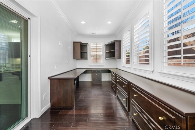 15448 Six M Ranch Ln, Fontana, CA 92336 - unfurnished office with dark wood-style floors, ornamental molding, and recessed lighting