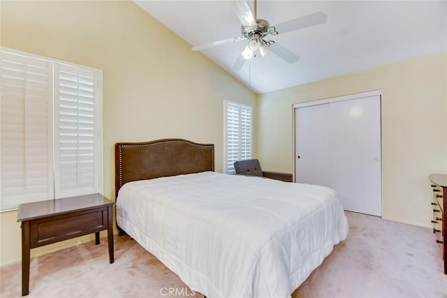5575 Osborne Ct, San Bernardino, CA 92407 - bedroom with carpet, vaulted ceiling, a closet, and ceiling fan