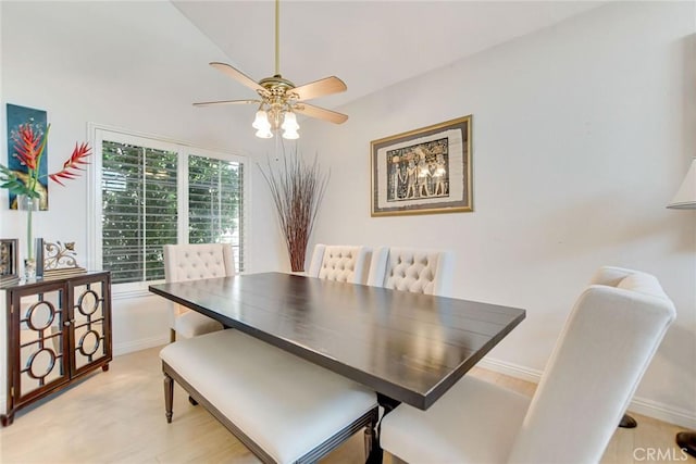 5575 Osborne Ct, San Bernardino, CA 92407 - dining area with a ceiling fan, light wood-type flooring, and vaulted ceiling
