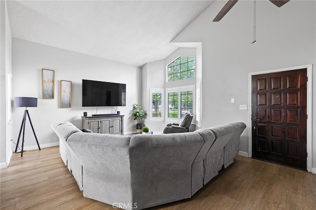 7209 Copper Creek Way, Bakersfield, CA 93308 - living room featuring high vaulted ceiling, wood finished floors, and a ceiling fan