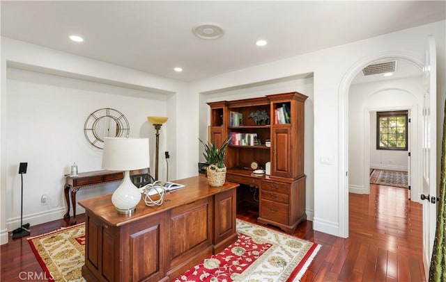 41 Balcony, Irvine, CA 92603 - office area featuring dark wood-type flooring, recessed lighting, and arched walkways