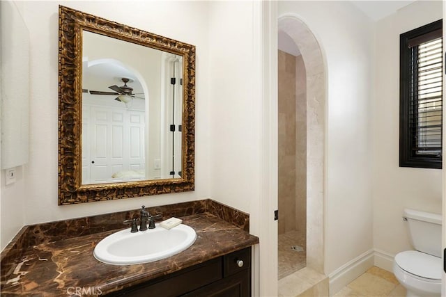 41 Balcony, Irvine, CA 92603 - bathroom with vanity, a tile shower, ceiling fan, and tile patterned flooring