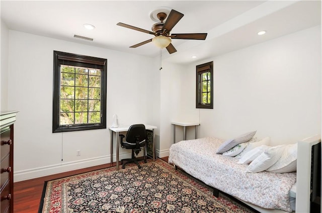 41 Balcony, Irvine, CA 92603 - bedroom with multiple windows, wood finished floors, an office area, recessed lighting, and a ceiling fan