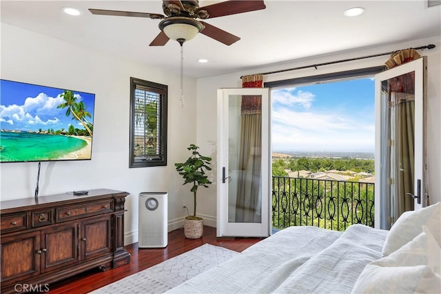 41 Balcony, Irvine, CA 92603 - bedroom featuring access to outside, dark wood-type flooring, recessed lighting, and a ceiling fan