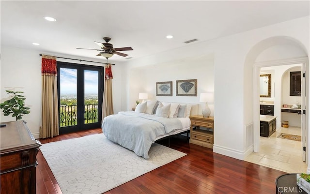 41 Balcony, Irvine, CA 92603 - bedroom with access to outside, wood finished floors, arched walkways, recessed lighting, and ensuite bathroom