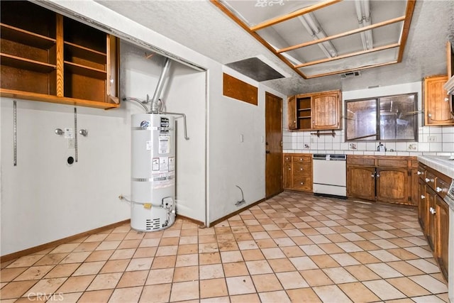 42865 Normandy Ln, Lancaster, CA 93536 - kitchen with water heater, dishwasher, open shelves, brown cabinetry, and light countertops