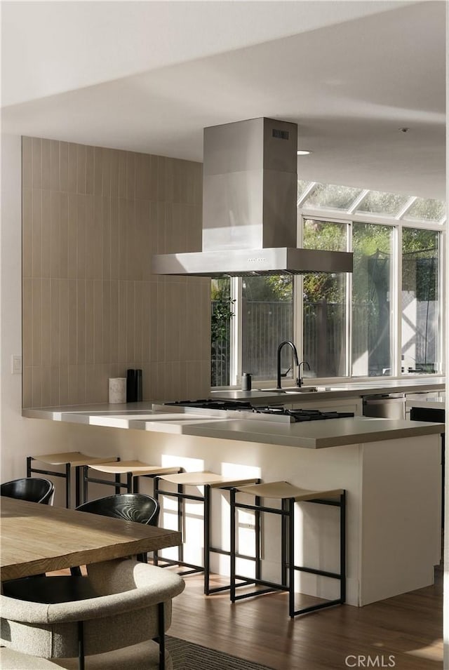 3010 Vina Vial, San Clemente, CA 92673 - kitchen with island range hood, dark wood-style flooring, healthy amount of natural light, and decorative backsplash