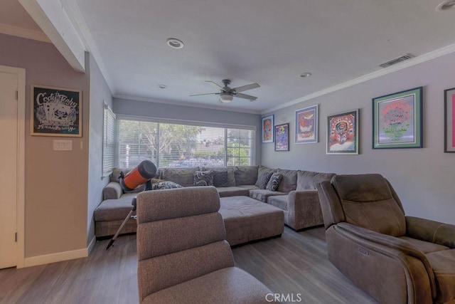511 Delaware Rd, Burbank, CA 91504 - living room featuring ornamental molding, wood finished floors, ceiling fan, and recessed lighting