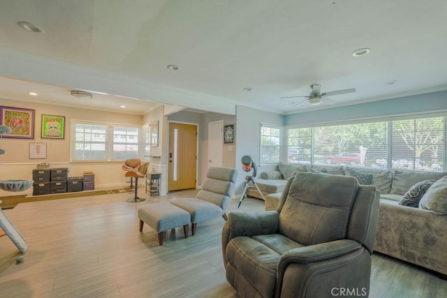 511 Delaware Rd, Burbank, CA 91504 - living area with ornamental molding, ceiling fan, wood finished floors, and recessed lighting