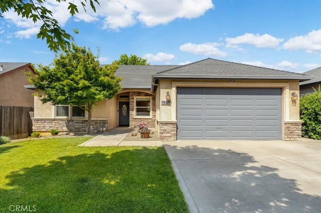1968 Bancroft Dr, Chico, CA 95928 - ranch-style house featuring stone siding, driveway, stucco siding, a garage, and roof with shingles