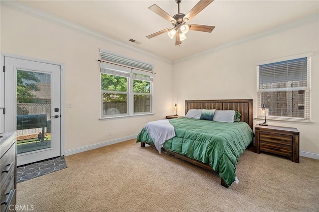 1968 Bancroft Dr, Chico, CA 95928 - bedroom featuring access to exterior, carpet, crown molding, and a ceiling fan