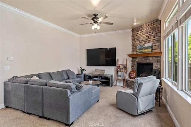 1968 Bancroft Dr, Chico, CA 95928 - living room featuring ornamental molding, carpet, a ceiling fan, and a stone fireplace