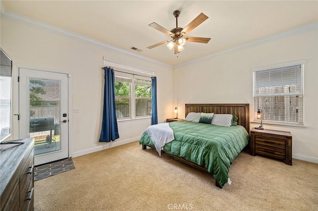 1968 Bancroft Dr, Chico, CA 95928 - carpeted bedroom with ornamental molding, access to outside, and ceiling fan