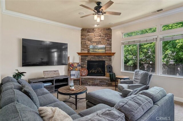 1968 Bancroft Dr, Chico, CA 95928 - living area featuring carpet floors, ornamental molding, a ceiling fan, and a fireplace
