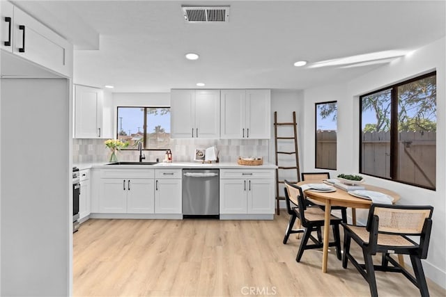 1262 E Ln Palma Ave Unit A, Anaheim, CA 92805 - kitchen with stainless steel appliances, light wood-style flooring, white cabinetry, light countertops, and backsplash