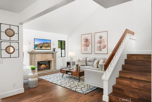 24511 Sutton Ln, Laguna Niguel, CA 92677 - living room with stairway, wood finished floors, vaulted ceiling, and a tile fireplace