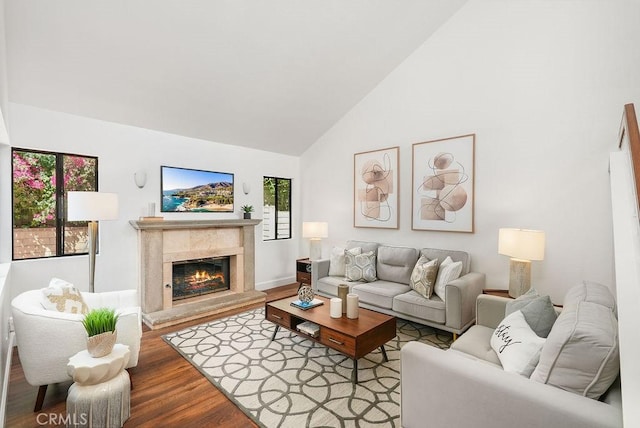 24511 Sutton Ln, Laguna Niguel, CA 92677 - living room featuring high vaulted ceiling, wood finished floors, and a fireplace