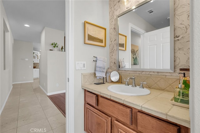 1775 Honors Ln, Corona, CA 92883 - bathroom with tile patterned floors, vanity, decorative backsplash, and recessed lighting