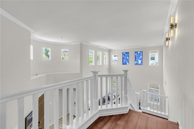 1775 Honors Ln, Corona, CA 92883 - hall with ornamental molding, an upstairs landing, plenty of natural light, and wood finished floors