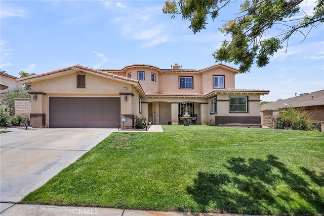 1775 Honors Ln, Corona, CA 92883 - mediterranean / spanish-style house featuring stucco siding, a garage, a front lawn, concrete driveway, and a chimney