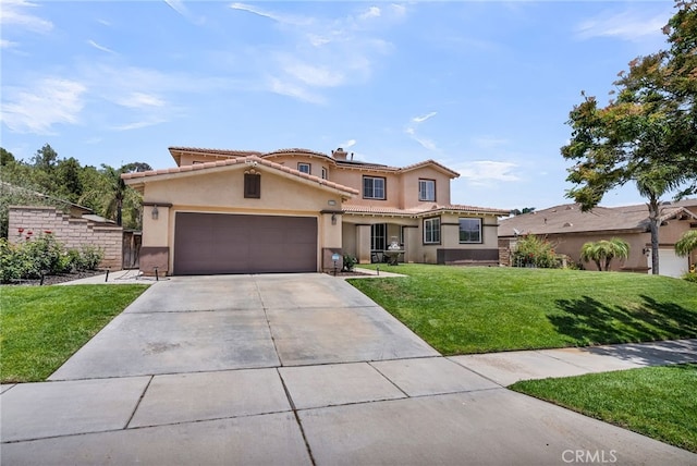 1775 Honors Ln, Corona, CA 92883 - mediterranean / spanish house featuring stucco siding, a front yard, driveway, and a garage